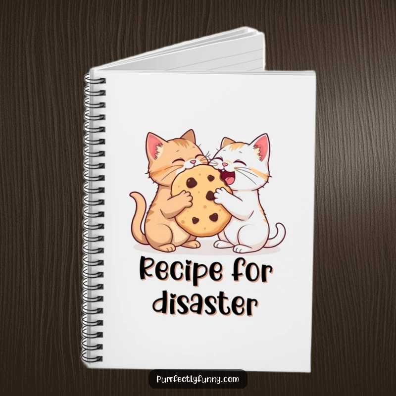 Funny notebook cover with two cats happily sharing a huge cookie, ideal for writing and drawing.