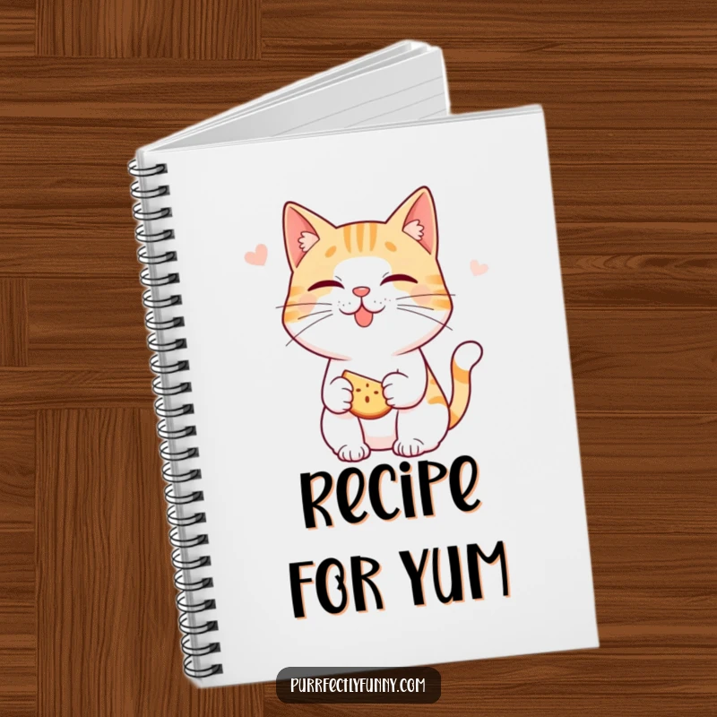 Funny cat notebook: a cat character playfully smacking its lips, anticipating a delicious snack, ready for notes.