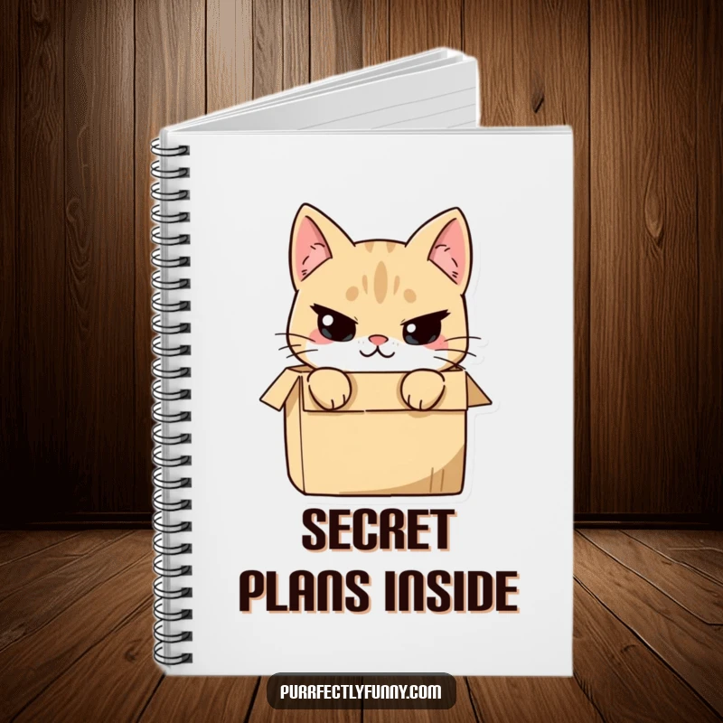 Funny cat peeking from a box with a mischievous smirk, on the cover of a notebook, for jotting down playful ideas.