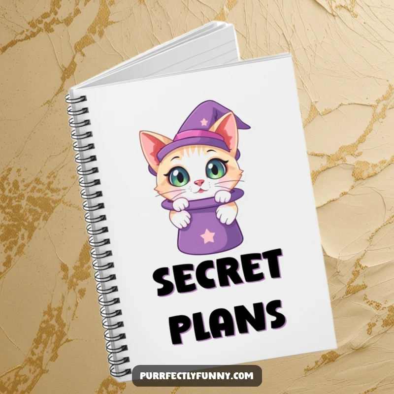 Funny notebook cover with a cat with large, curious eyes peering into a magic hat, inspiring exploration and imaginative writing.