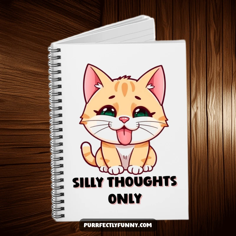 Funny cat character with a silly face and tongue sticking out, on the cover of a notebook.