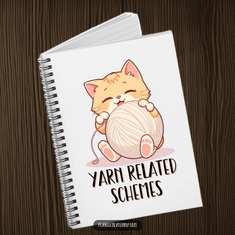 Funny Notebook cover with a cat batting a giant yarn ball, inspiring creative and humorous thoughts.