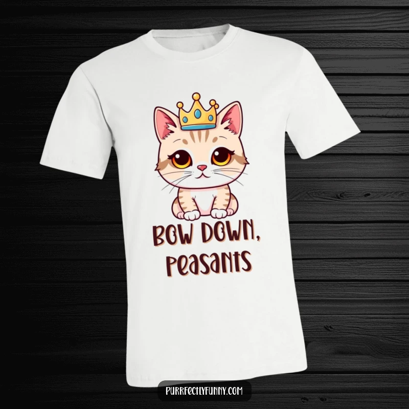 Funny cat t-shirt, regal cat wearing a small crown, comically proud and humorous design, ideal funny gift for royalty.