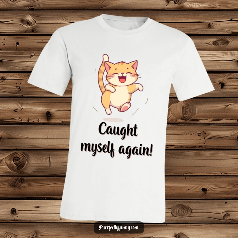 Funny cat t-shirt, cat chasing its tail in a circular motion, joyful and humorous design, ideal funny gift.