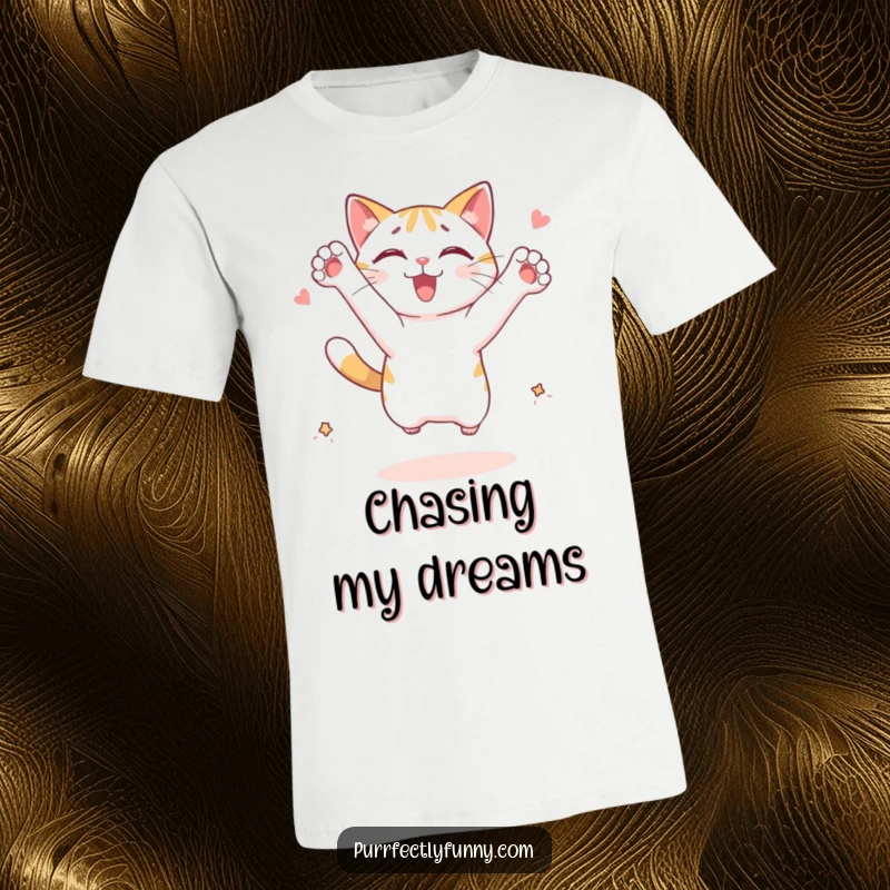 Funny cat t-shirt: a cat character energetically leaping with paws extended, reaching for an imagined treat.