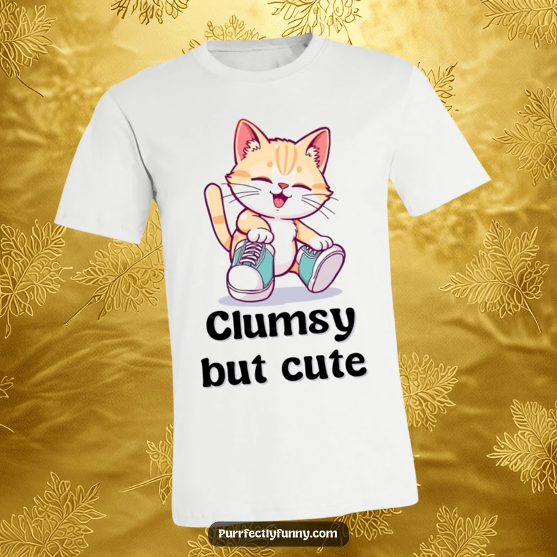 Funny cat t-shirt featuring oversized shoes and a playful tripping pose, humorous and comfortable.