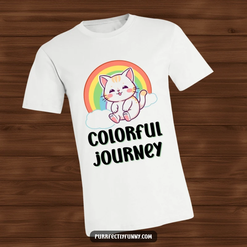 Funny cat with a happy, blissful expression, sliding down a colorful rainbow on this dreamy t-shirt.