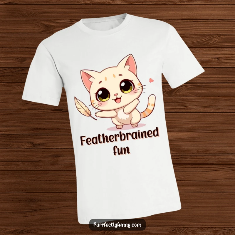 Funny wide-eyed cat joyfully leaping after a floating feather, printed on a comfortable t-shirt.
