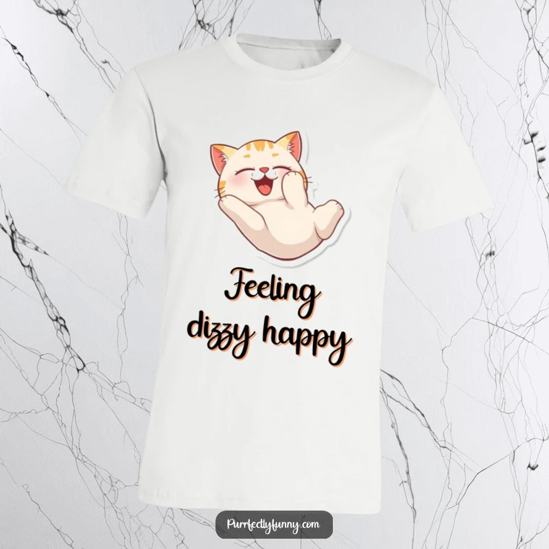 Funny t-shirt illustrating a cat tumbling head over heels with a look of utter joy and abandon.