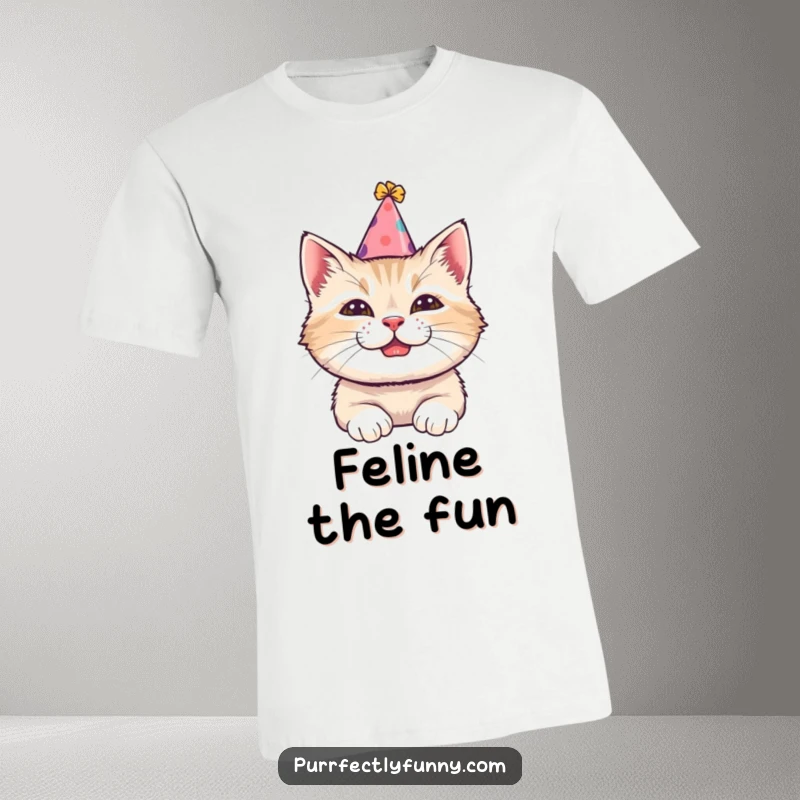 Funny t-shirt showing a cat with a tilted party hat and a wide comical grin, embodying pure party spirit, a fun gift.