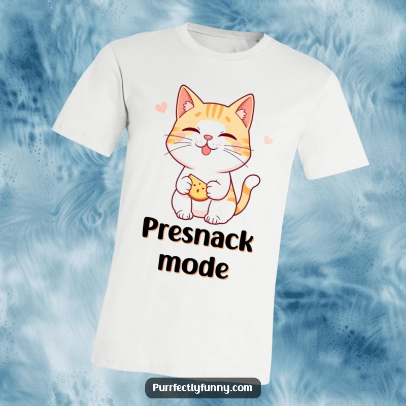 Funny cat t-shirt: a cat character smacking its lips playfully, eagerly anticipating a tasty snack, looking delighted.