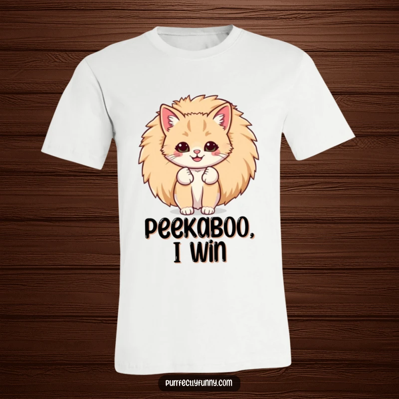 Funny t-shirt featuring a cat with an exaggeratedly large smile peeking playfully from behind its own giant, fluffy tail.