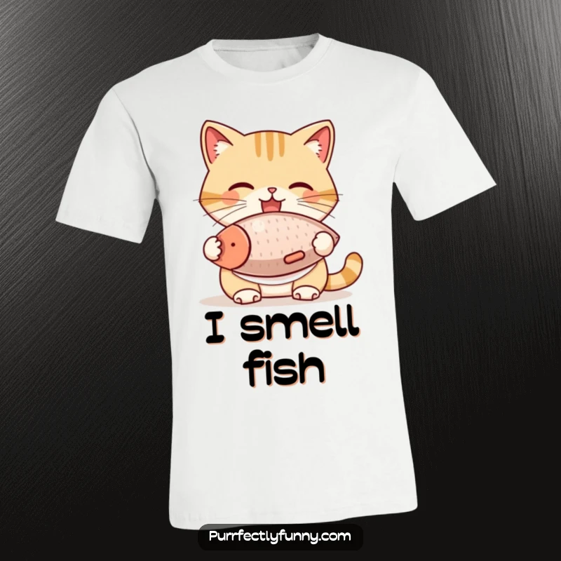 Funny Cat T-Shirt: A cat wearing a bib is enthusiastically devouring a gigantic fish treat, symbolizing joy and a love for food.