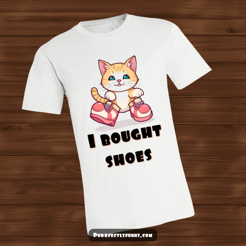 Funny t-shirt graphic of a cat comically tripping while wearing enormous clown shoes, showcasing adorable clumsiness.