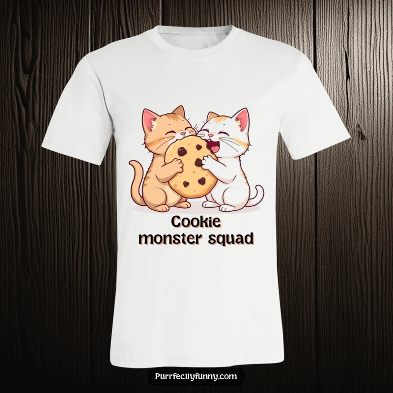 Funny t-shirt graphic depicting two cats happily sharing a comically large cookie, a humorous and relatable design.