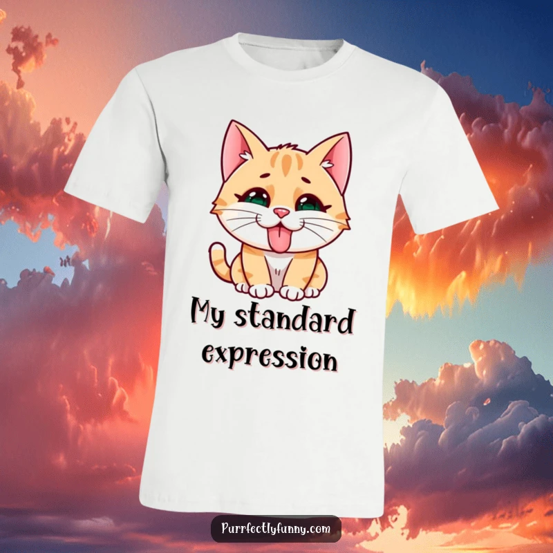 Funny cat character with a silly expression and tongue sticking out, featured on a comfortable t-shirt.