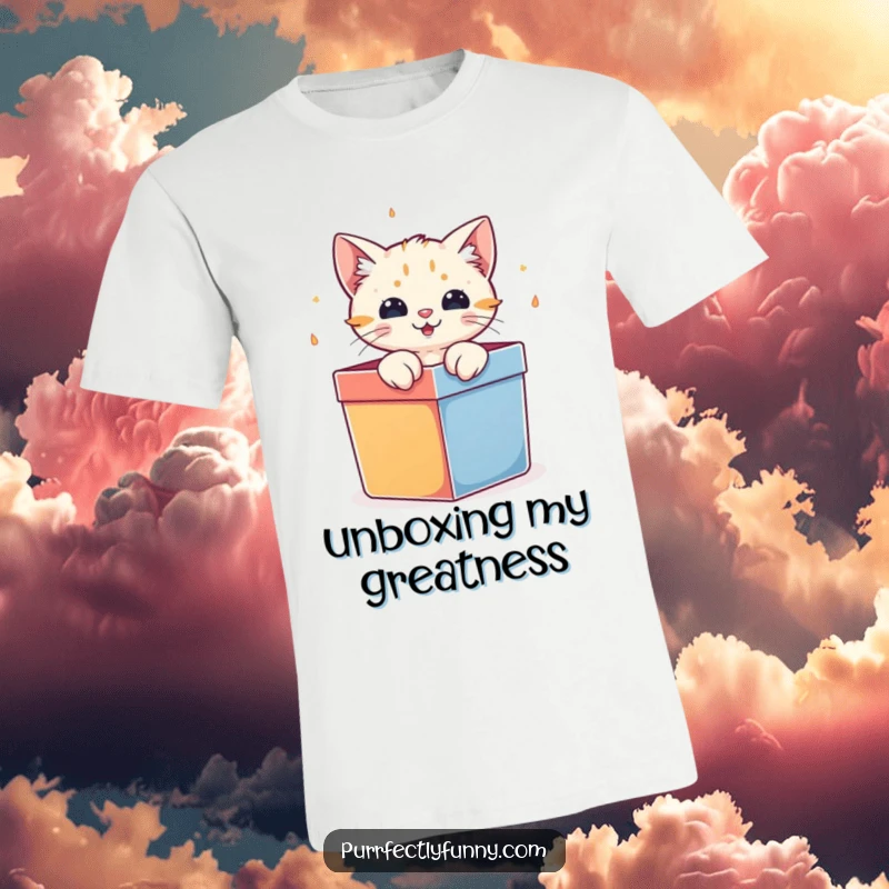 Funny cat character joyfully bursting out of a vibrant gift box, printed on a comfortable t-shirt.