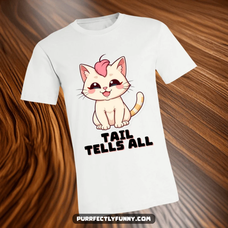 Funny cat t-shirt showcasing a ridiculously grinning cat with a dramatically fanned tail, embodying playful mischief.