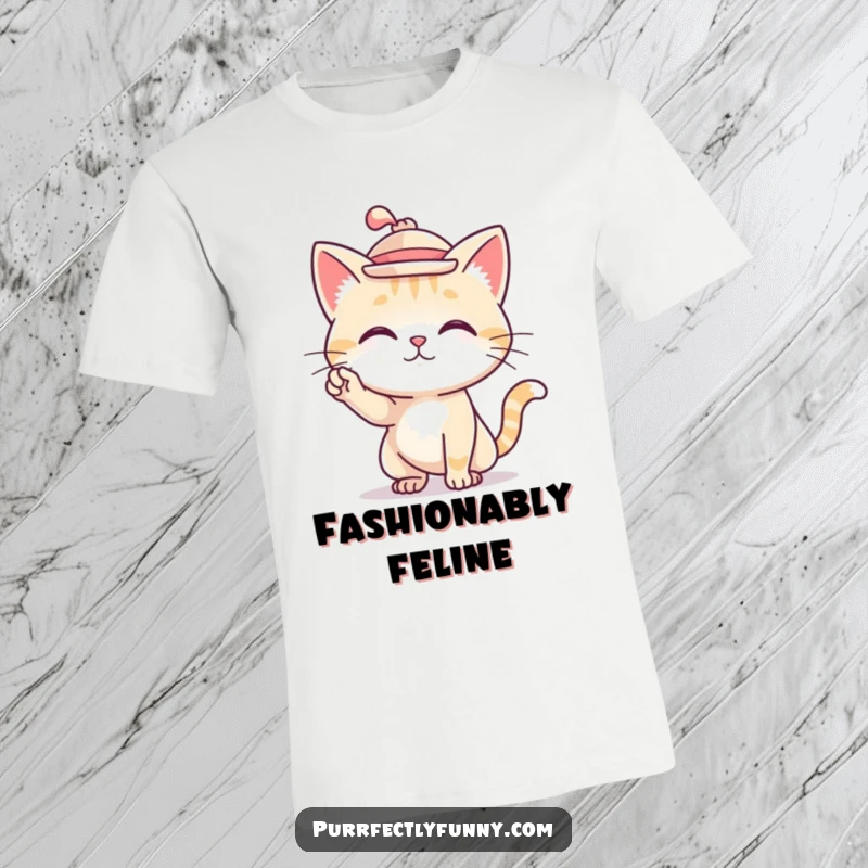 Funny t-shirt featuring a cat wearing a tiny hat and striking a confident, stylish pose.