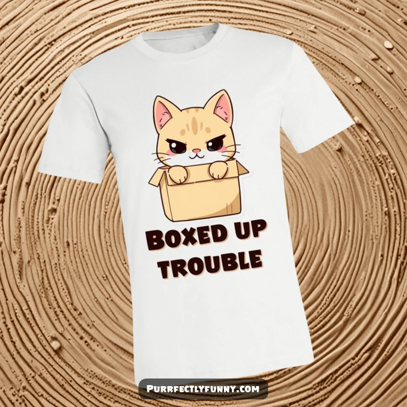 Funny cat peeking out of a box with a mischievous smirk, printed on a t-shirt, conveying playful naughtiness.