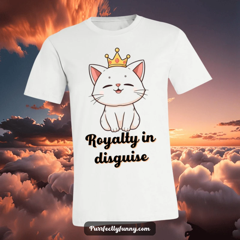 Funny t-shirt showcasing a smug cat wearing a small crown, exuding pride and amusement.