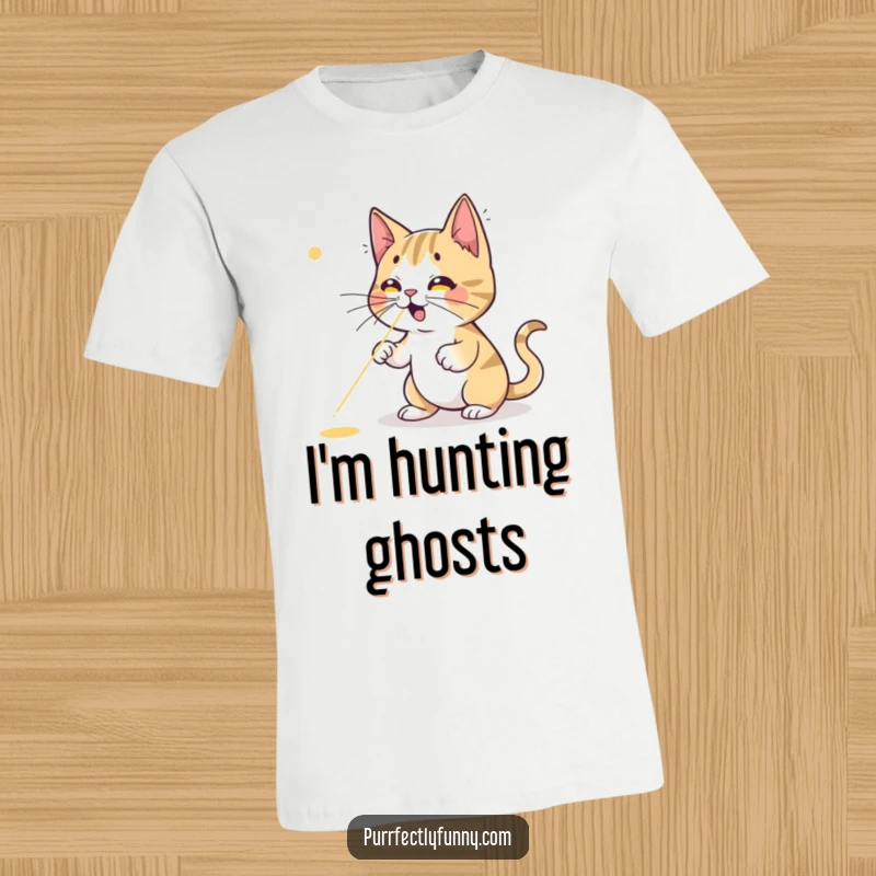 Funny cat t-shirt, a determined cartoon cat leaping for a red laser dot that's hilariously out of its grasp, showing great effort.