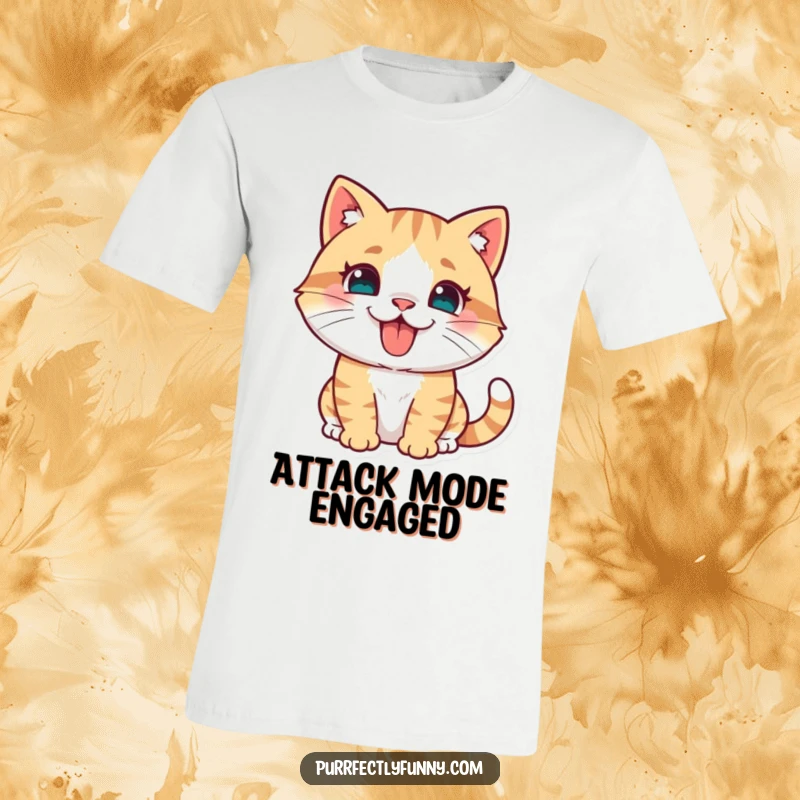 Funny cat t-shirt design capturing a playful pounce with tongue sticking out, ready for action and fun.
