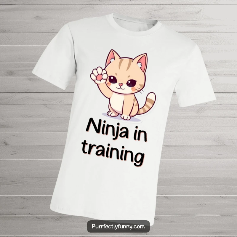 Funny cat t-shirt, a cartoon feline in an exaggerated sneaking stance, one leg lifted high in the air, eyes scanning for action.