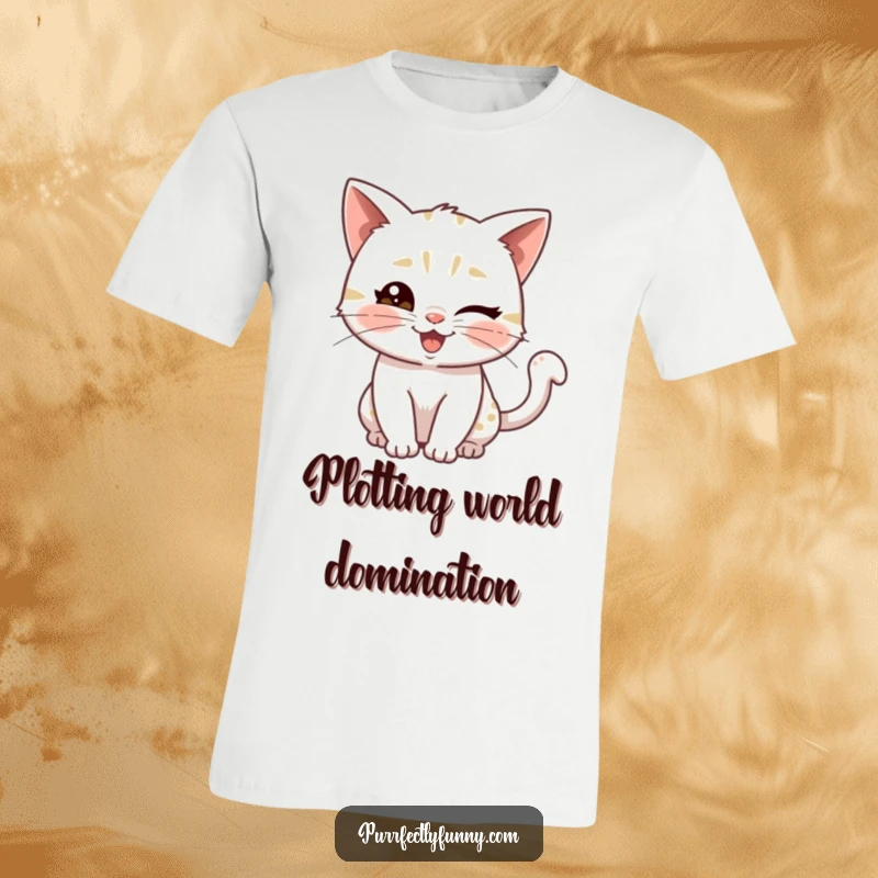 Funny t-shirt featuring a playful cat giving a knowing wink and a wiggly tail, embodying mischief and feline charm.