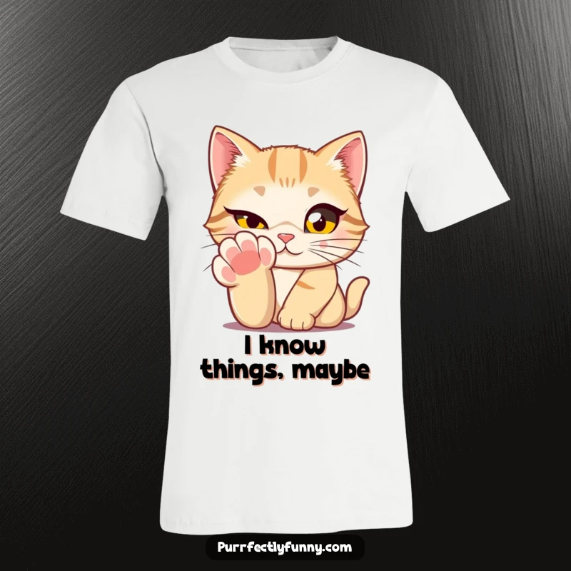 A cat with enormous eyes winking from behind its paw, printed on a t-shirt for a humorous and endearing look.
