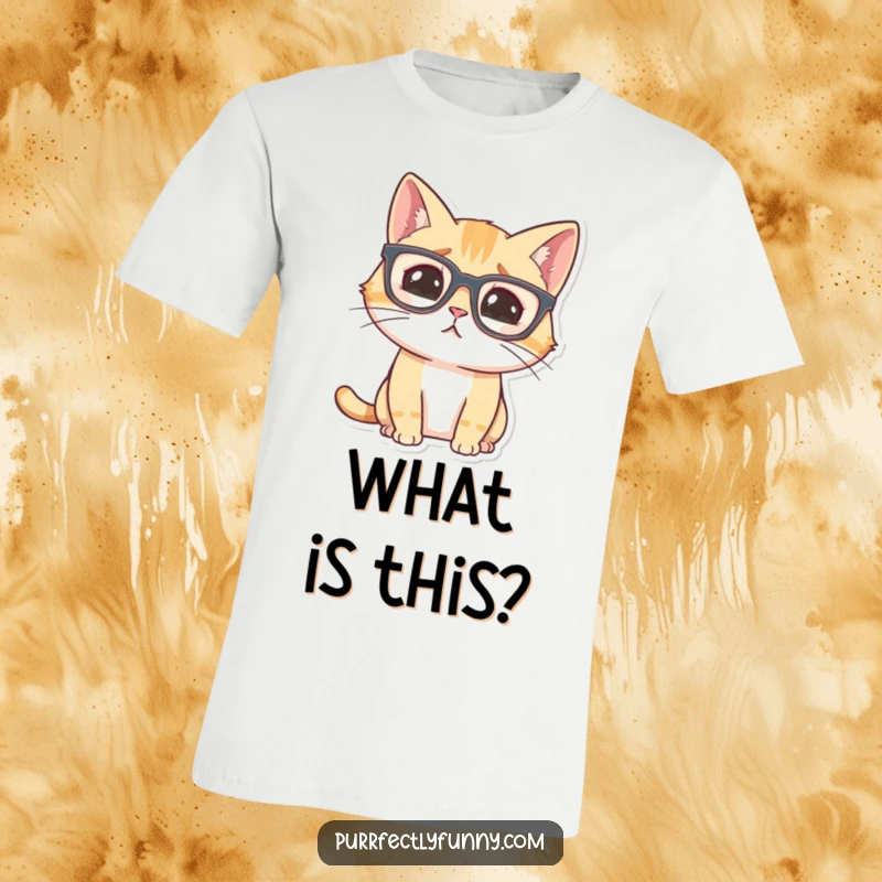 Funny cat with large glasses, looking comically confused on a t-shirt, perfect for relatable humor.