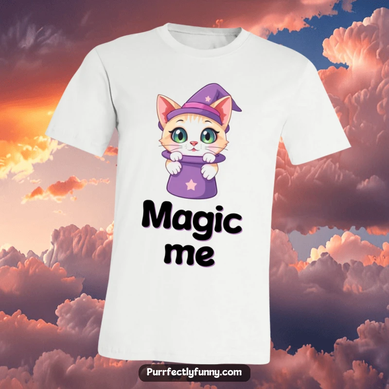 Funny t-shirt graphic of a cat with big, curious eyes peering into a tilted magic hat, full of wonder and fascination.