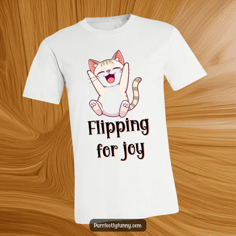 Funny delighted cat t-shirt, a cat performing a comical somersault with an expression of absolute joy.