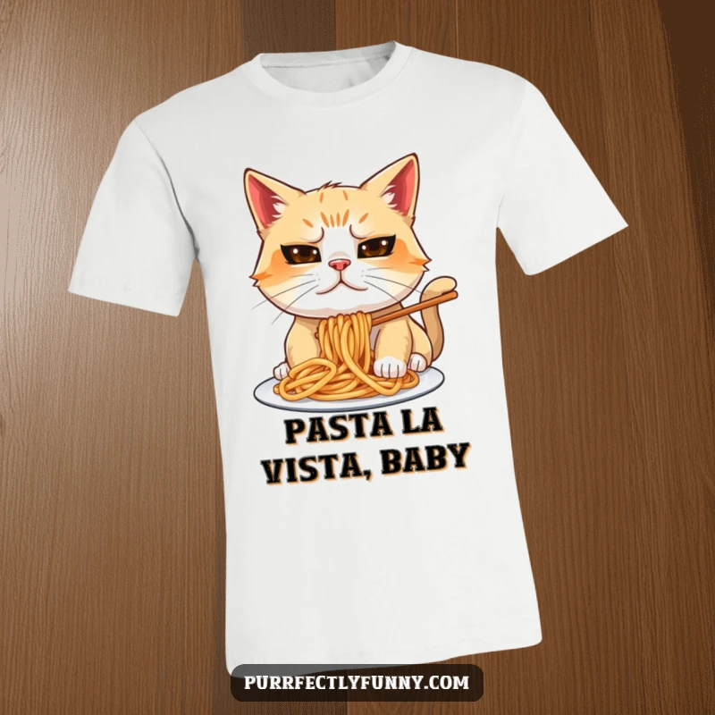 Funny cat t-shirt featuring a goofy expression while attempting to eat spaghetti, making a fun mess.