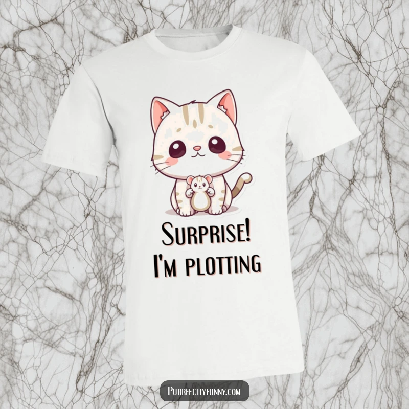Funny surprised cat t-shirt, a cat's wide-eyed shock as a toy mouse pops out, a hilarious reaction tee.