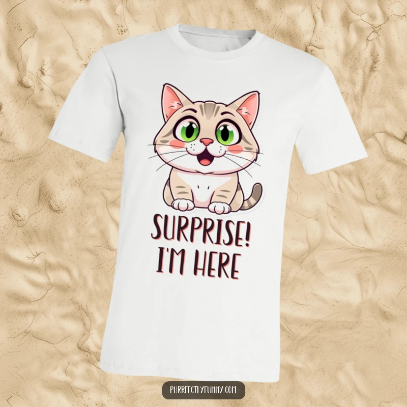 Funny cat t-shirt featuring a comically surprised expression, wide eyes, and a massive smile, perfect for humor.