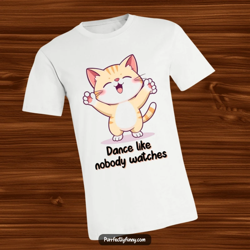 Funny T-Shirt depicting a cat performing a silly dance with its paws enthusiastically in the air, a celebration of pure joy.