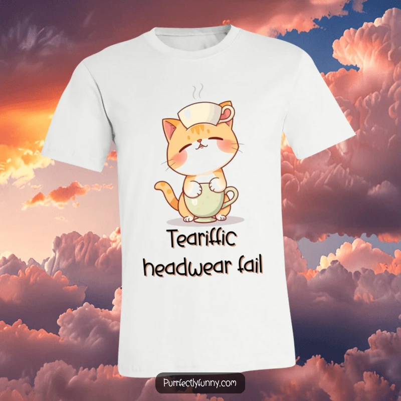 Funny t-shirt graphic of a cat comically losing its balance while trying to balance a teacup on its head.