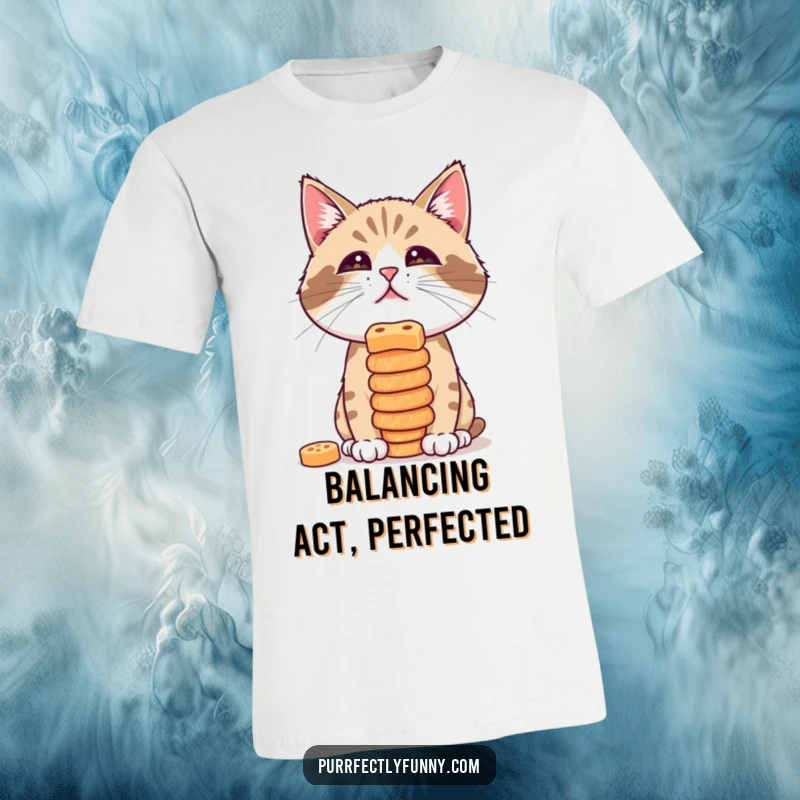 Funny t-shirt depicting a cat attempting to balance a precarious stack of treats on its nose, showcasing focus and humor.