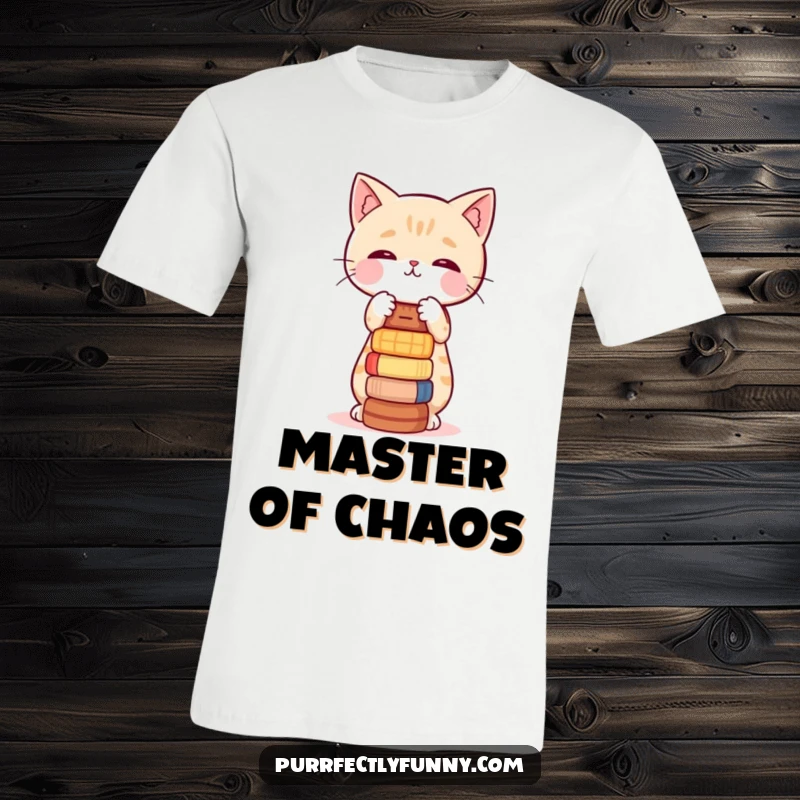 Funny t-shirt featuring a cat attempting to balance a precarious stack of small, unsteady objects.