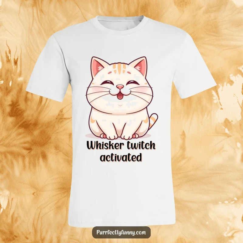 Funny Wobbly Whisker Cat T-Shirt showcasing a plump, cheerful cat character wiggling its nose and a hilariously long whisker.