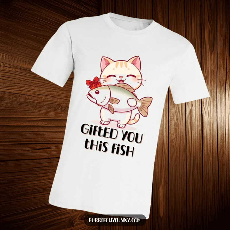 Funny cat t-shirt design of a grinning cat holding up a colossal fish, a symbol of grand generosity.