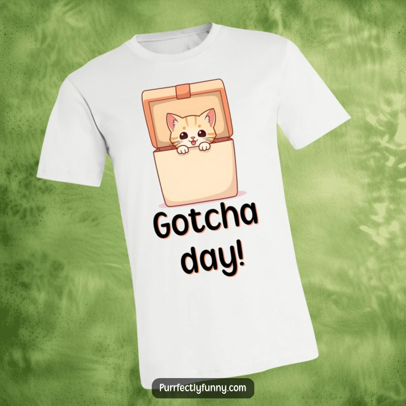 Funny T-Shirt featuring an excited cat peeking from a huge, open gift box, expressing pure joy and anticipation, great gift idea.