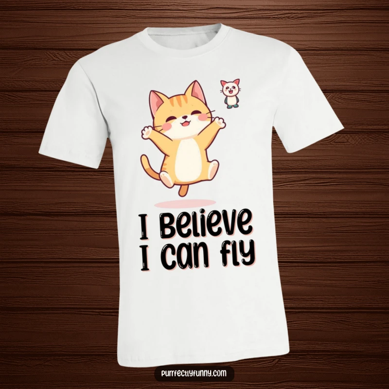 Funny t-shirt showcasing a simplified cat character enthusiastically leaping with paws extended towards a hovering toy, symbolizing playful pursuit.