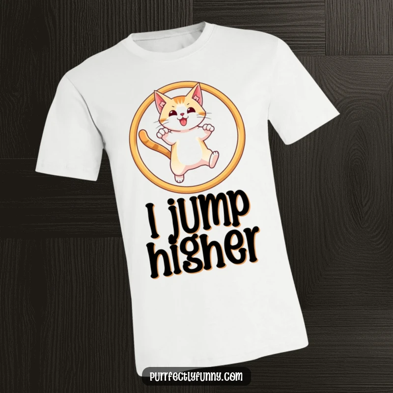 Funny t-shirt graphic of a cat soaring through a hoop with a look of pure triumph, showcasing athletic humor.