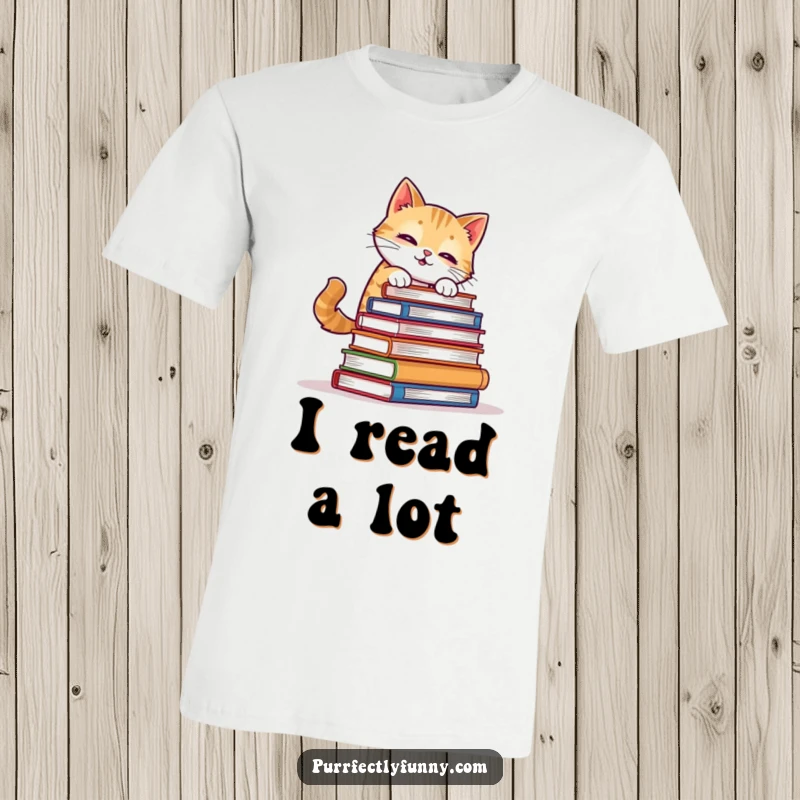 Funny Cat T-Shirt: A cat comically attempts to balance a stack of books, looking unsteady but determined, perfect for bookworms.