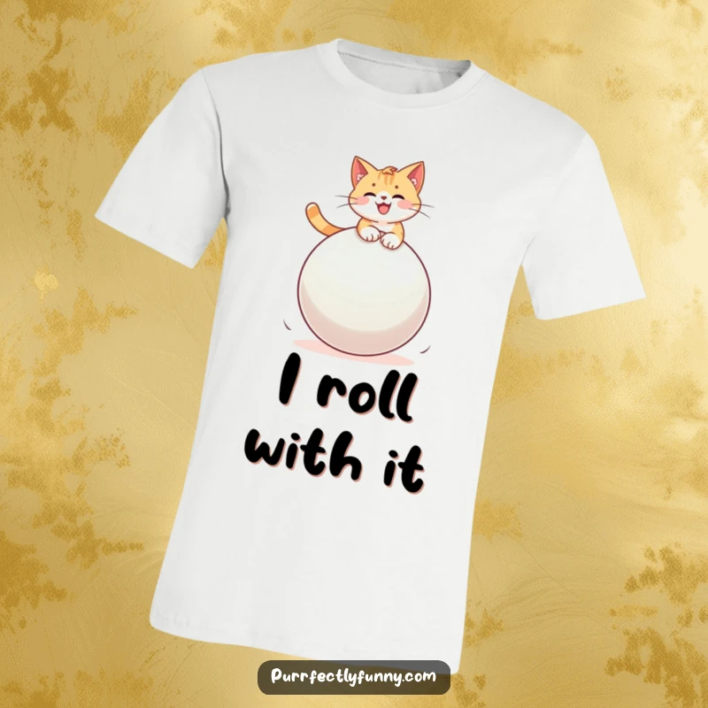 Funny cat gleefully riding a huge, unstable bouncy ball, showcasing a comical and heartwarming moment on a t-shirt.