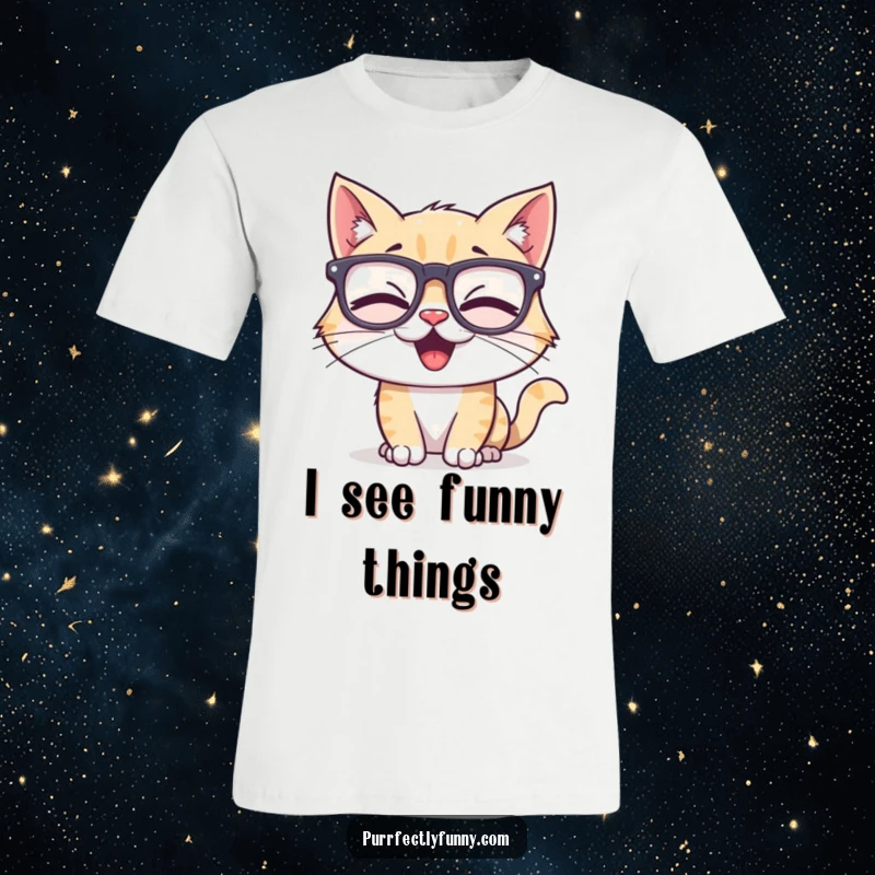 Funny t-shirt featuring a cartoon cat character with a huge grin, wearing comically large, silly glasses and giggling with joy. Hilarious apparel.