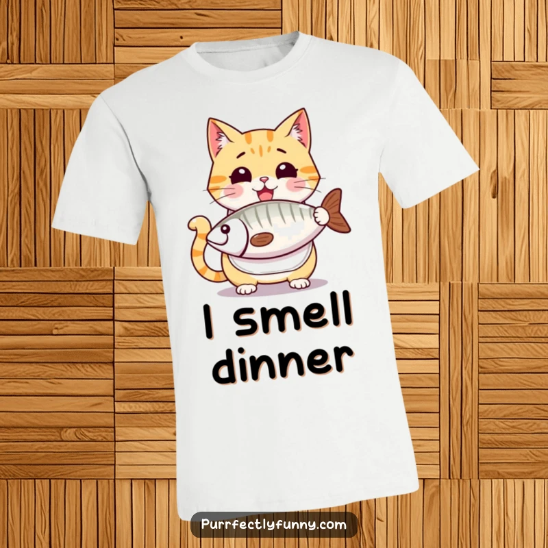 Funny cat t-shirt, a cartoon feline in a bib, salivating and intensely focused on a ridiculously large fish, symbolizing pure gluttony.