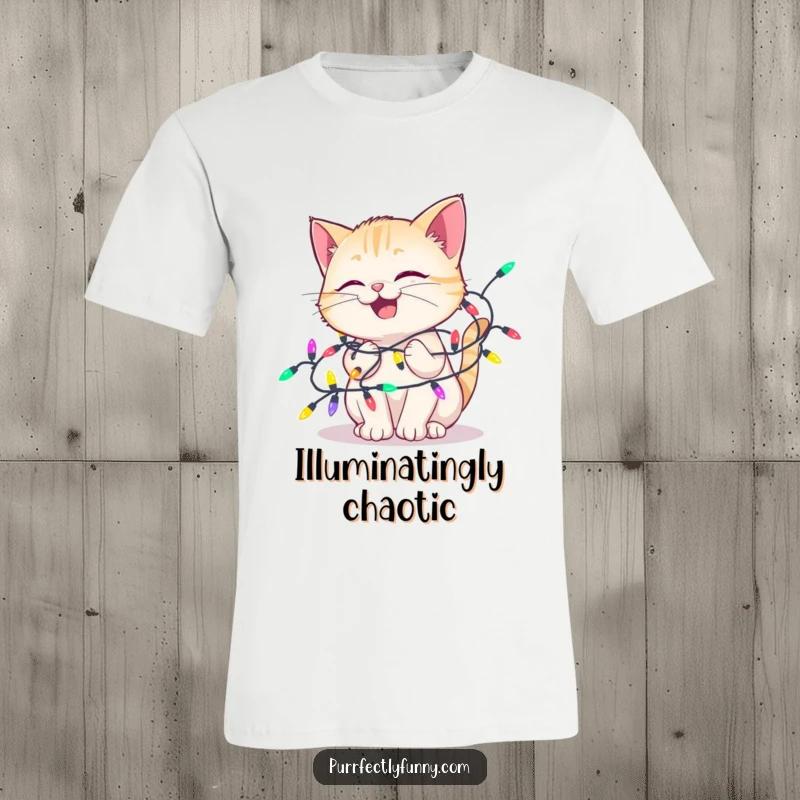 Funny t-shirt featuring a delighted cat happily entangled in a string of colorful holiday lights, embodying festive cheer and playful chaos.